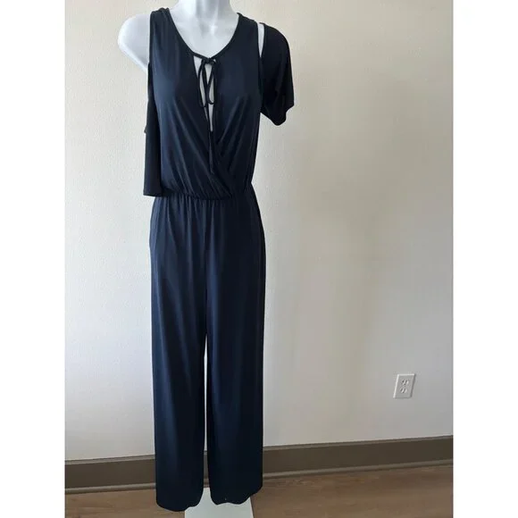 BCBGeneration Jumpsuit S Cold Shoulder Wrap Tie Resort Date Night Casual Chic - Picture 2 of 11